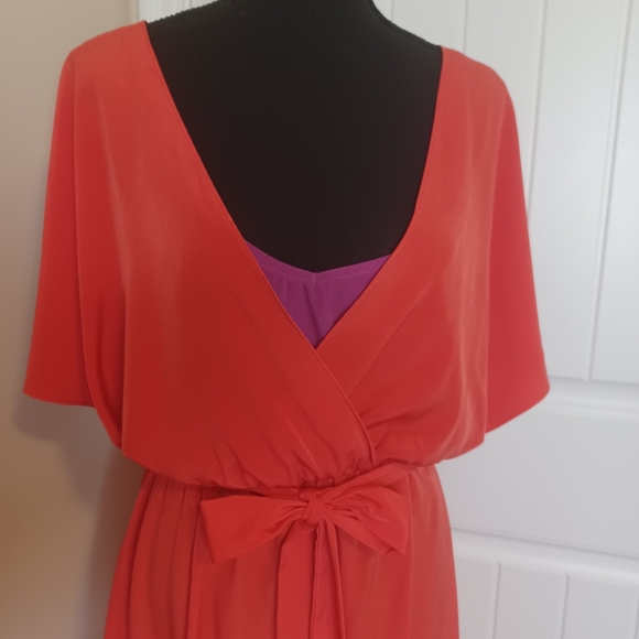 MSK Silky Batwing Colorblock Twofer Belted Dress Women's Sz Med Red Purple - Picture 2 of 11